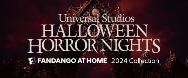 A dark red smokey promotional banner that reads “Universal Studios Halloween Horror Nights Fandango at Home 2024 Collection”.