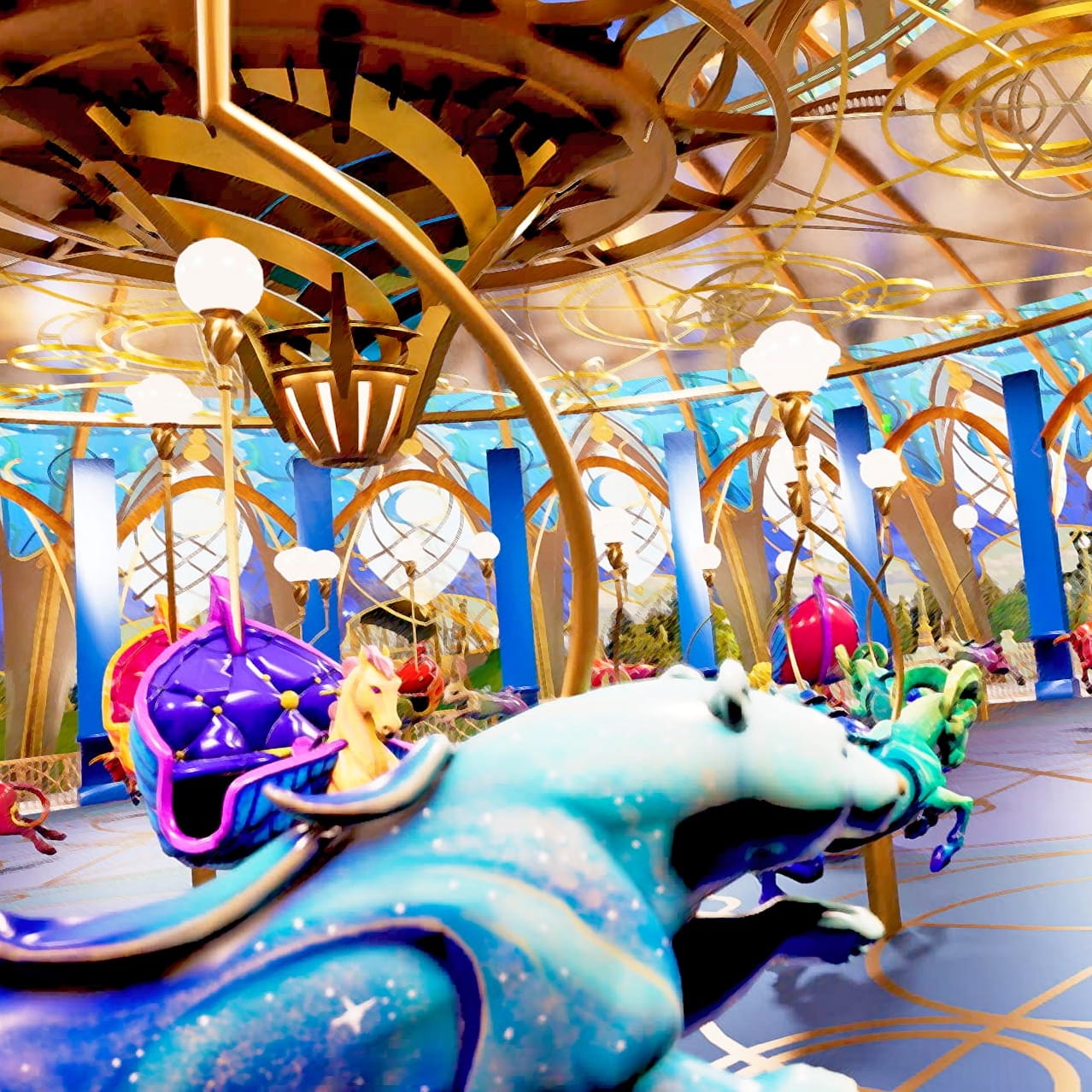 Artists Conceptual Rending- Colorful ride carriages surrounded by blue and gold columns on Constellation Carousel. 