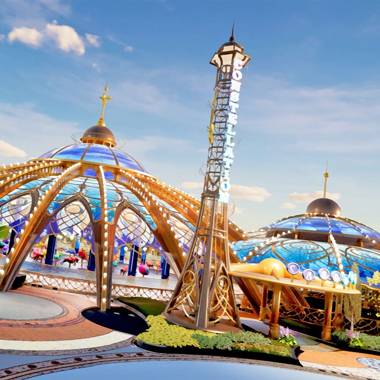 Artists Conceptual Rending- The dome-shaped Constellation Carousel ride’s gold and blue exterior shines bright in Celestial Park. 