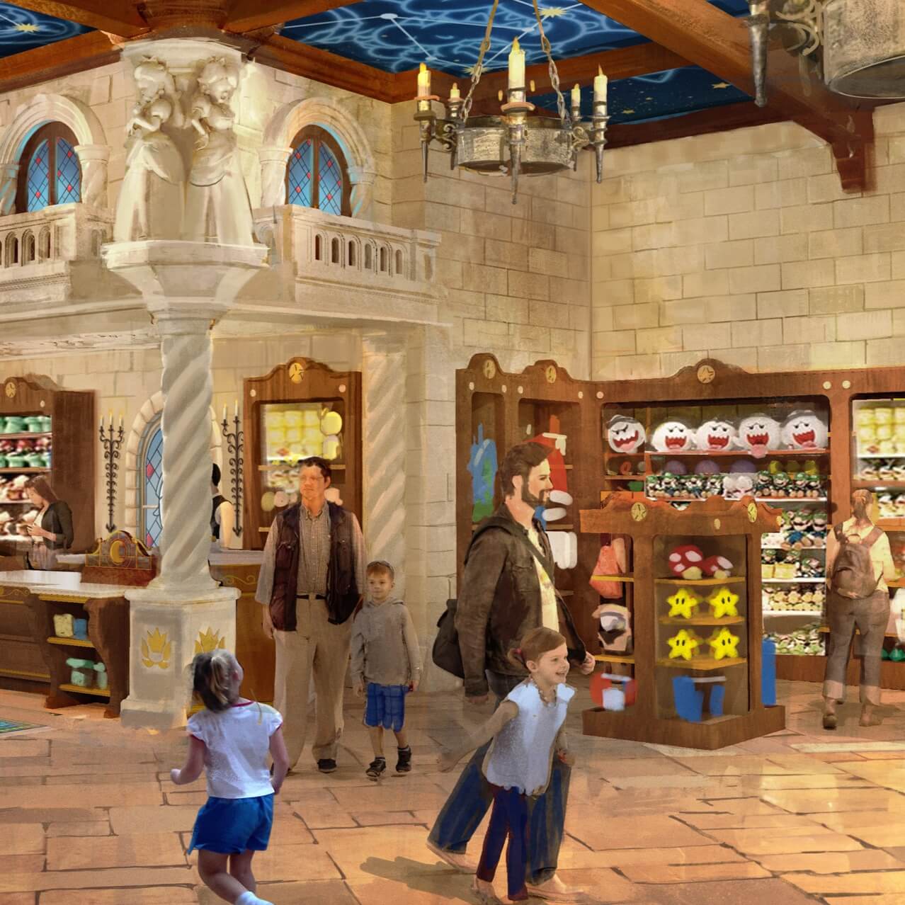 Conceptual artist rendering - Guests shop in the castle-like Nintendo Super Star Store, filled with themed merchandise.