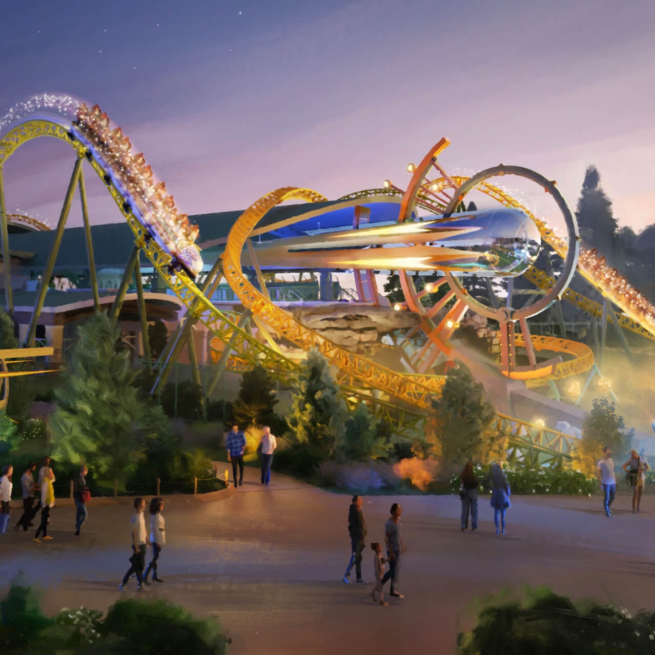 Artist Conceptual Rendering - Wide view of Stardust Racers coaster in Celestial Park at dusk.