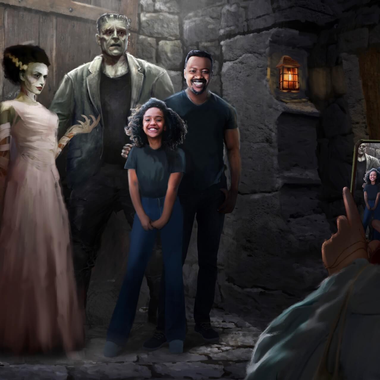 Artist conceptual rendering - Father and daughter pose for a photo with Frankenstein’s Monster and the Bride of Frankenstein.