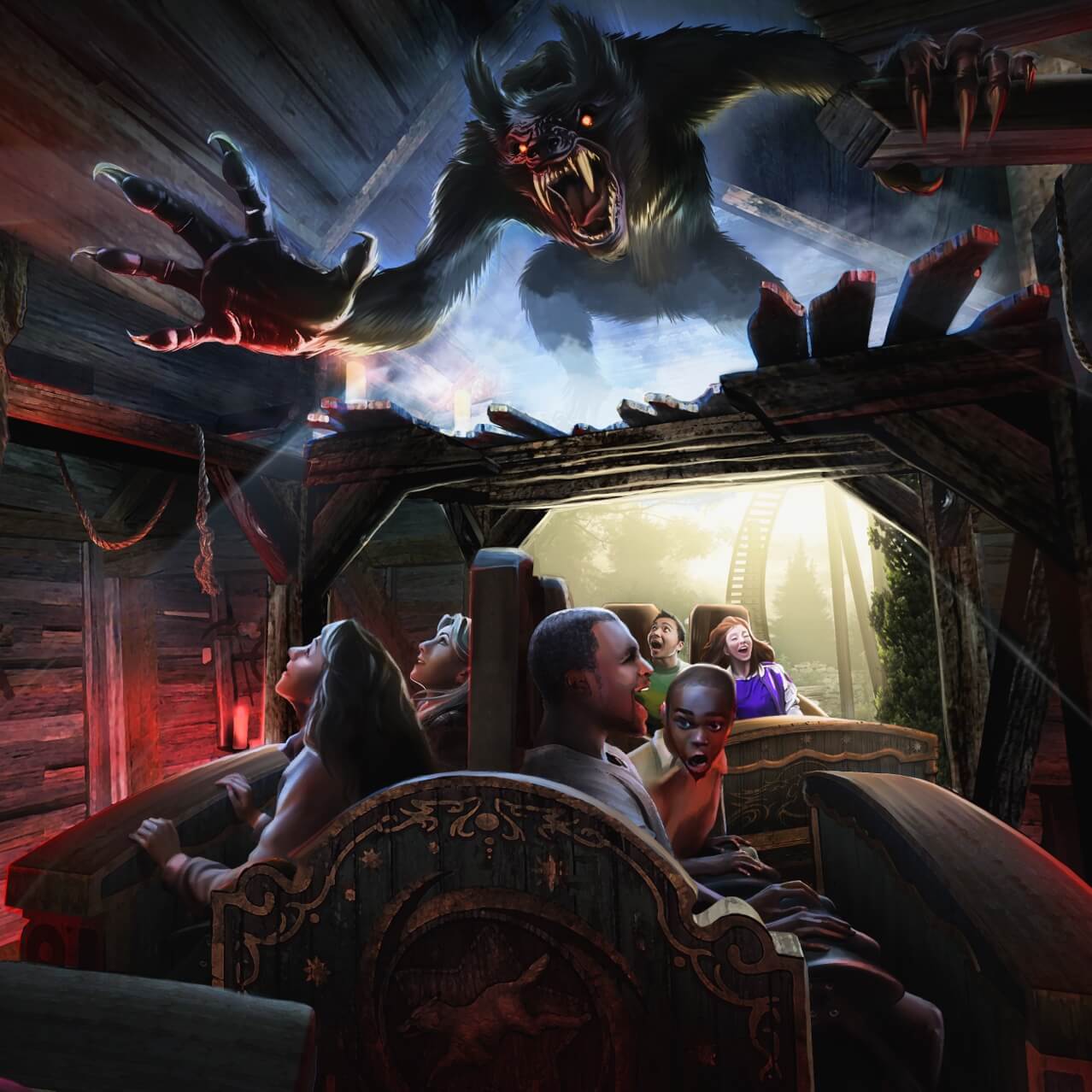 Artist conceptual rendering - A giant werewolf with glowing red eyes and massive claws looms overhead, fangs gleaming, as riders scream in delight on The Curse of the Werewolf ride.