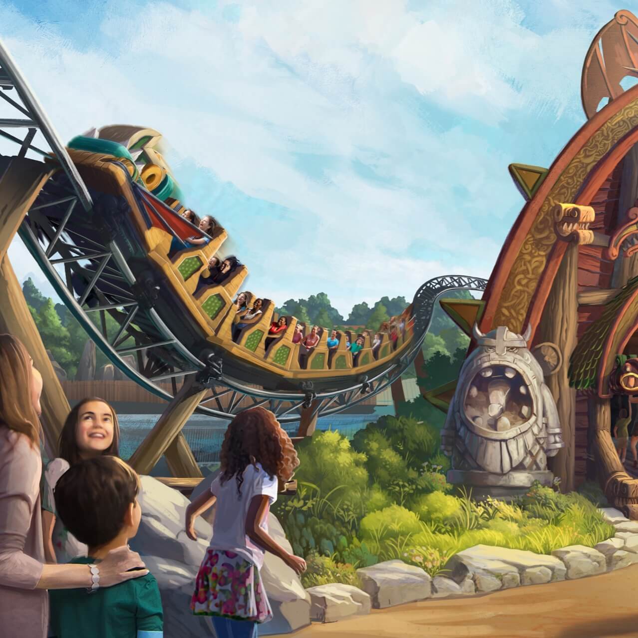  Artist conceptual rendering – Entrance to Hiccup’s Wing Gliders with Viking statues and the wing glider coaster racing up the track.