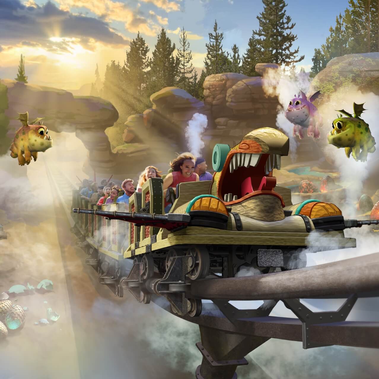 Artist conceptual rendering – Guests laugh as they fly along the track, with baby dragons hovering all around them