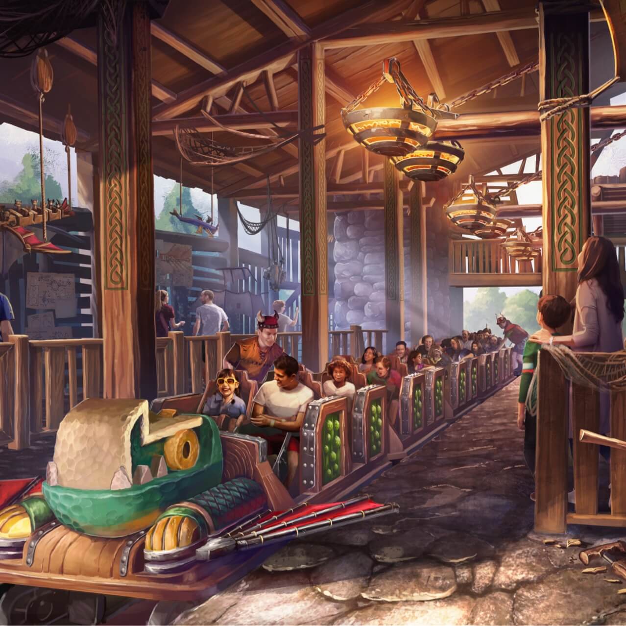 Artist conceptual rendering – Guests are strapped into Hiccup’s Wing Glider coaster, with a front cart that looks like a carved dragon glider.