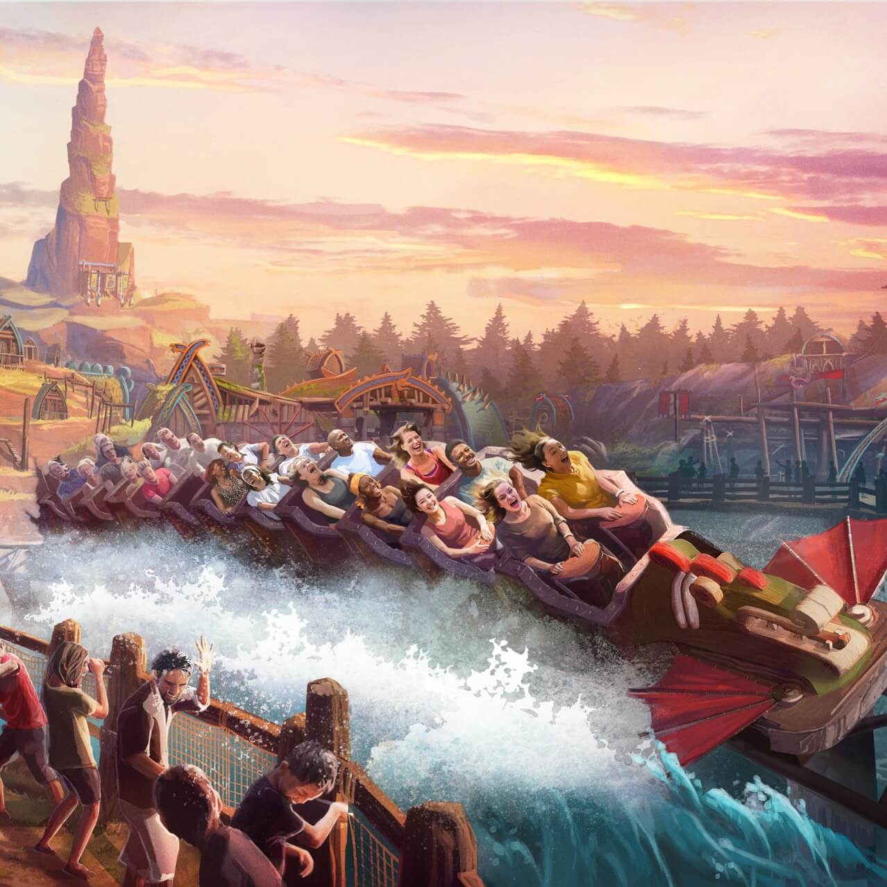 Artist conceptual rendering – Riders laugh as Hiccup's Wing Gliders coaster swoops above the water in front of Mead Hall.