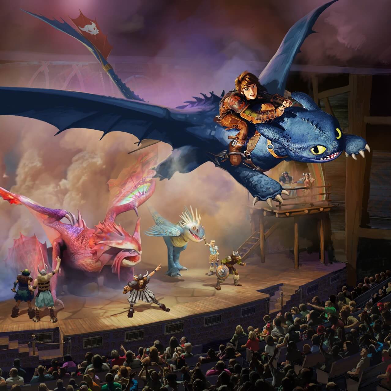 Artist conceptual rendering – Hiccup smiles and grips the reigns as he soars above the stage atop Toothless, with other dragons and Vikings below.