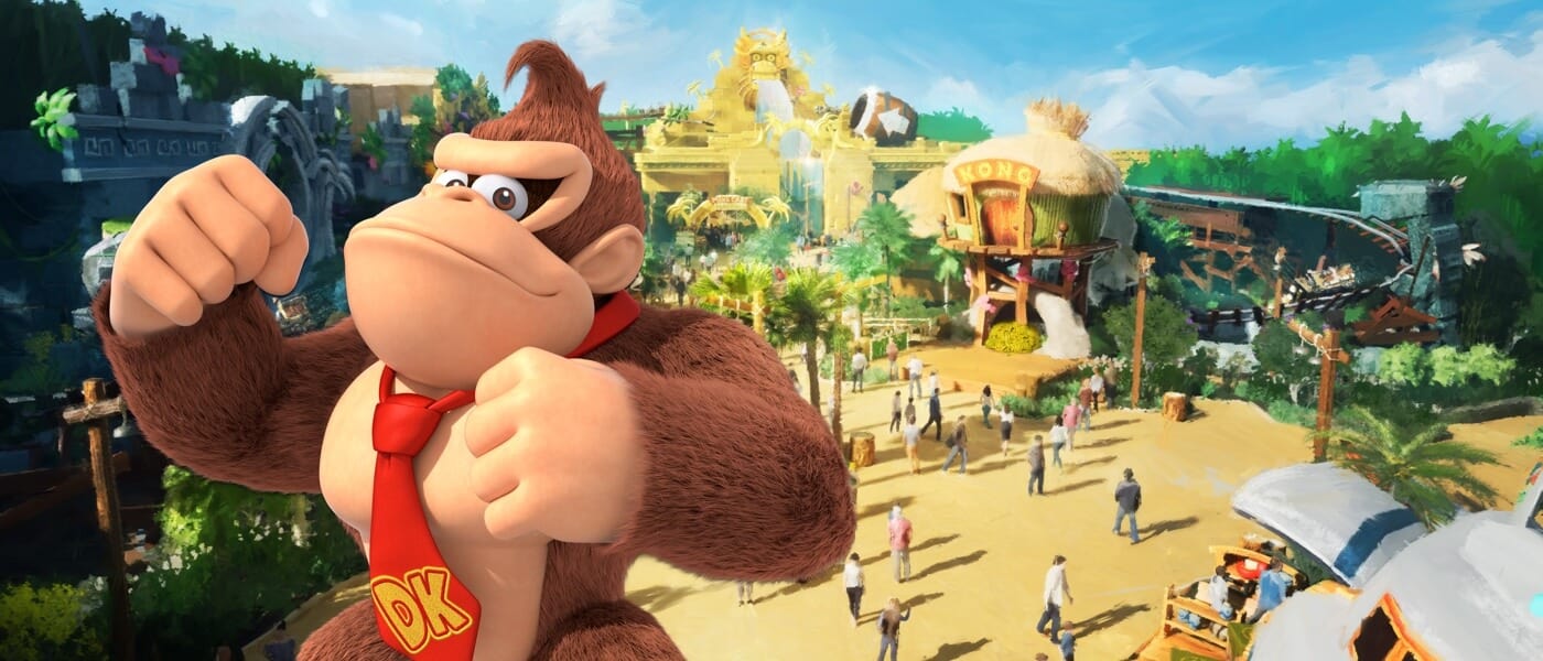 Artist conceptual rendering – Donkey Kong beating his chest in front of Donkey Kong Country in SUPER NINTENDO WORLD.