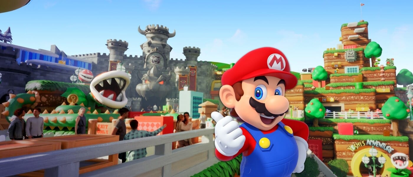 Artist conceptual rendering - Mario giving a thumbs-up in front of Mount Beanpole and Bowser's Castle in SUPER NINTENDO WORLD.