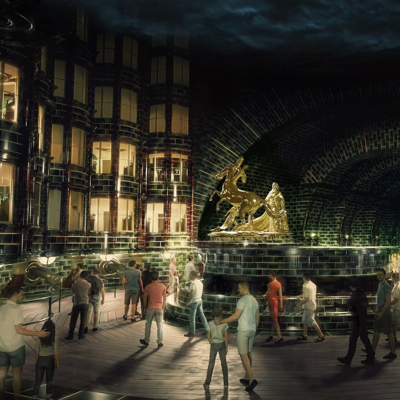 Artist conceptual rendering - The Fountain of Magical Brethren sits in the middle of the British Ministry of Magic atrium as part of the Harry Potter and the Battle at the Ministry ride.