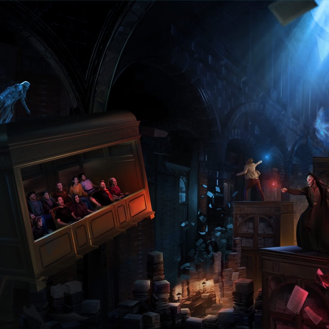 Artist conceptual rendering - Guests in a ride vehicle flying through the Ministry of Magic as Voldemort’s Death Eater points his wand directly at them to cast a spell on the Harry Potter™ and the Battle at the Ministry™ ride.