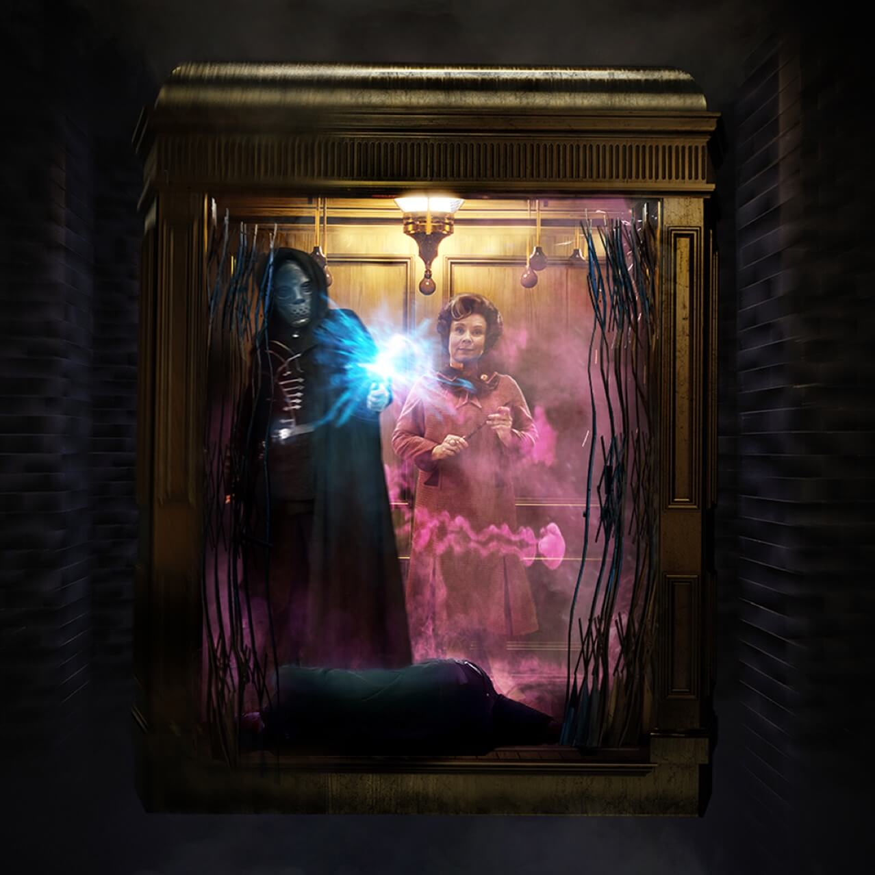 Artist conceptual rendering - Dolores Umbridge™ riding the in lift with a Death Eater at the Harry Potter™ and the Battle at the Ministry™ ride in The Wizarding World of Harry Potter™ - Ministry of Magic™.