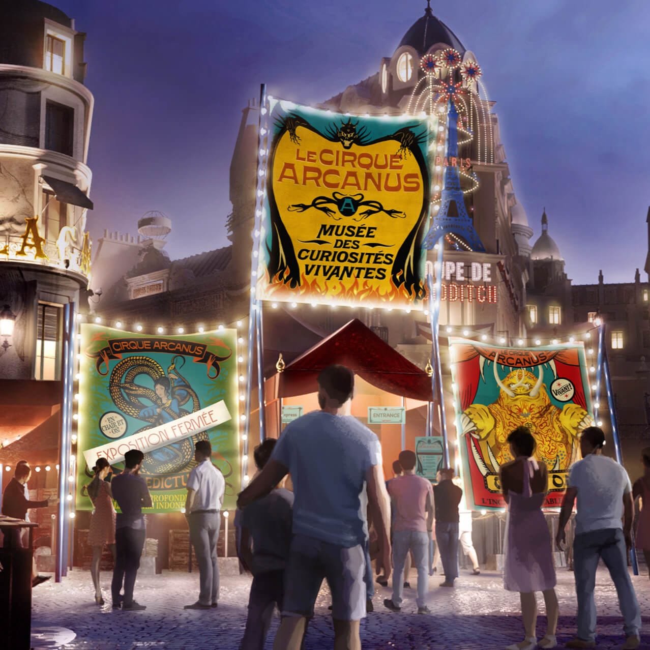 Artist conceptual rendering - Guests approach to see what’s inside the brightly-lit tent entrance of Le Cirque Arcanus.