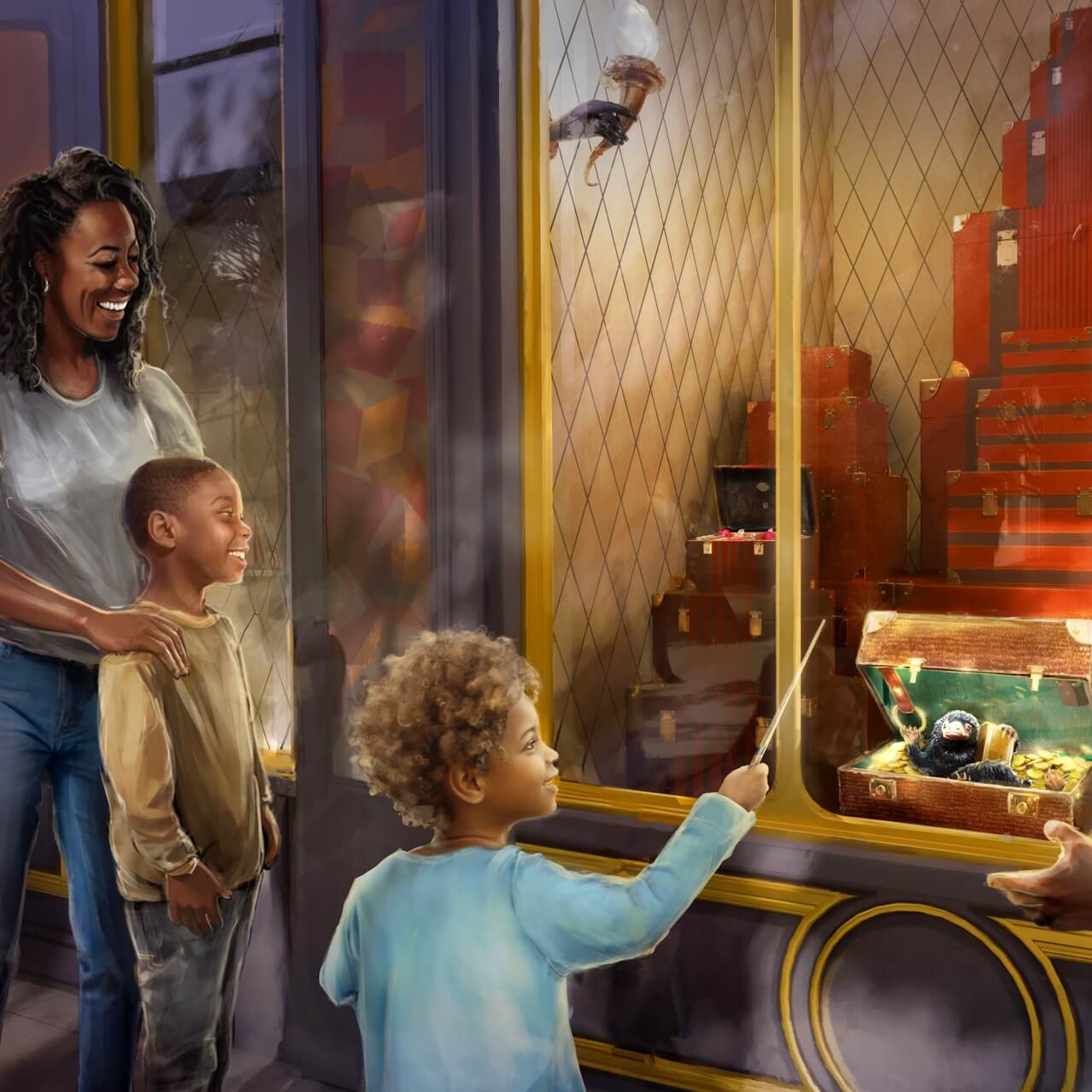 Artist conceptual rendering - A child uses a wand in Place de Furstemberg to see a Niffler at an interactive wand station in The Wizarding World of Harry Potter™ - Ministry of Magic™.