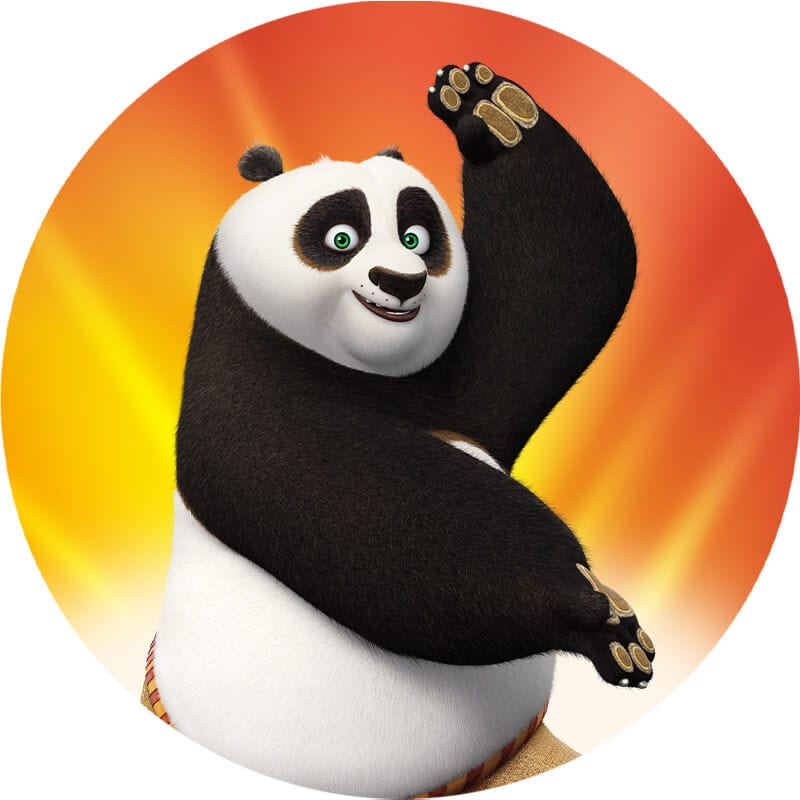 Po from DreamWorks Kung Fu Panda posing against a bright orange and red background.