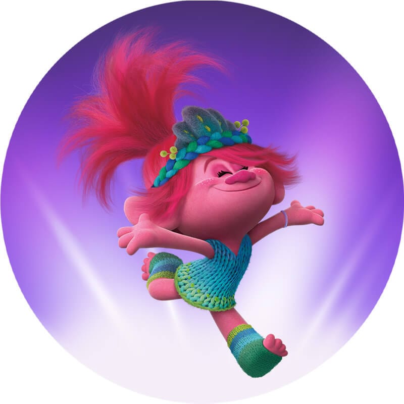 Poppy from DreamWorks Trolls leaping in the air against a bright purple background.