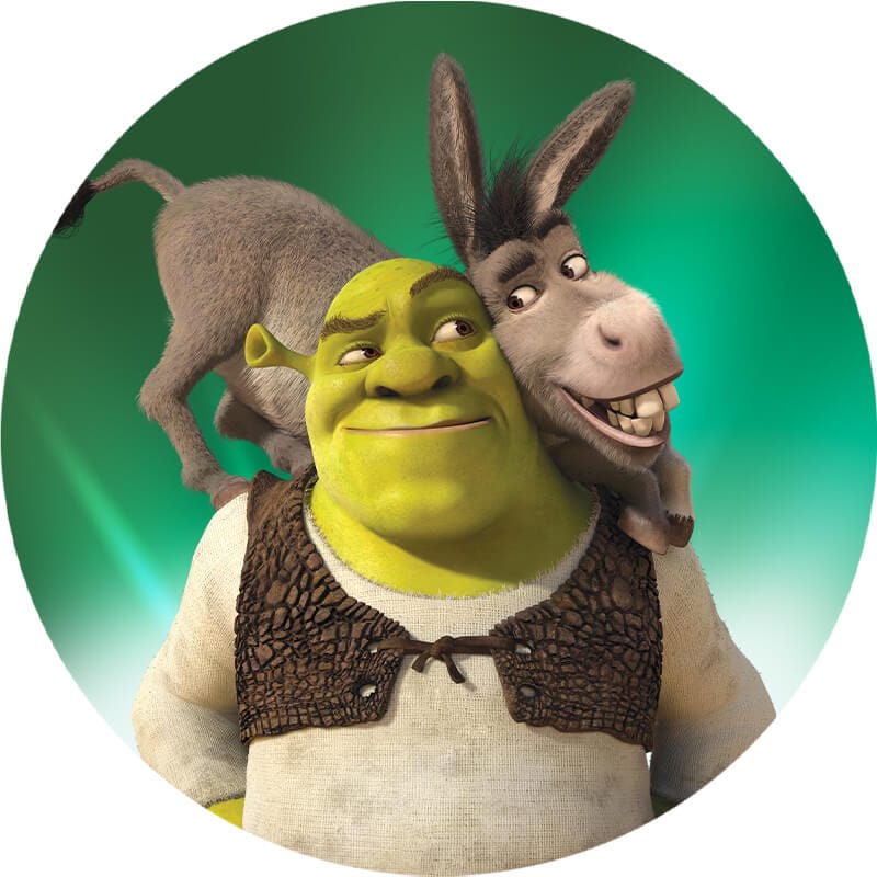 Shrek and Donkey from DreamWorks Shrek pose and smile against a green background.