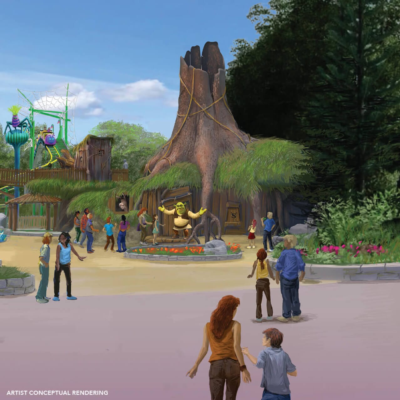 Artist conceptual rendering of Shrek's Swamp Meet in DreamWorks Land at Universal Studios Florida.